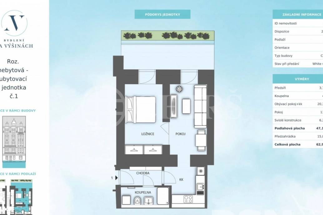 Prodej rozestavěné nebytové - ubytovací jednotky 2+kk, OV, 47,1 m², předzahrádka 15,8 m²,  ul. Na Výšinách 900/8 - Praha 7 - Bubeneč