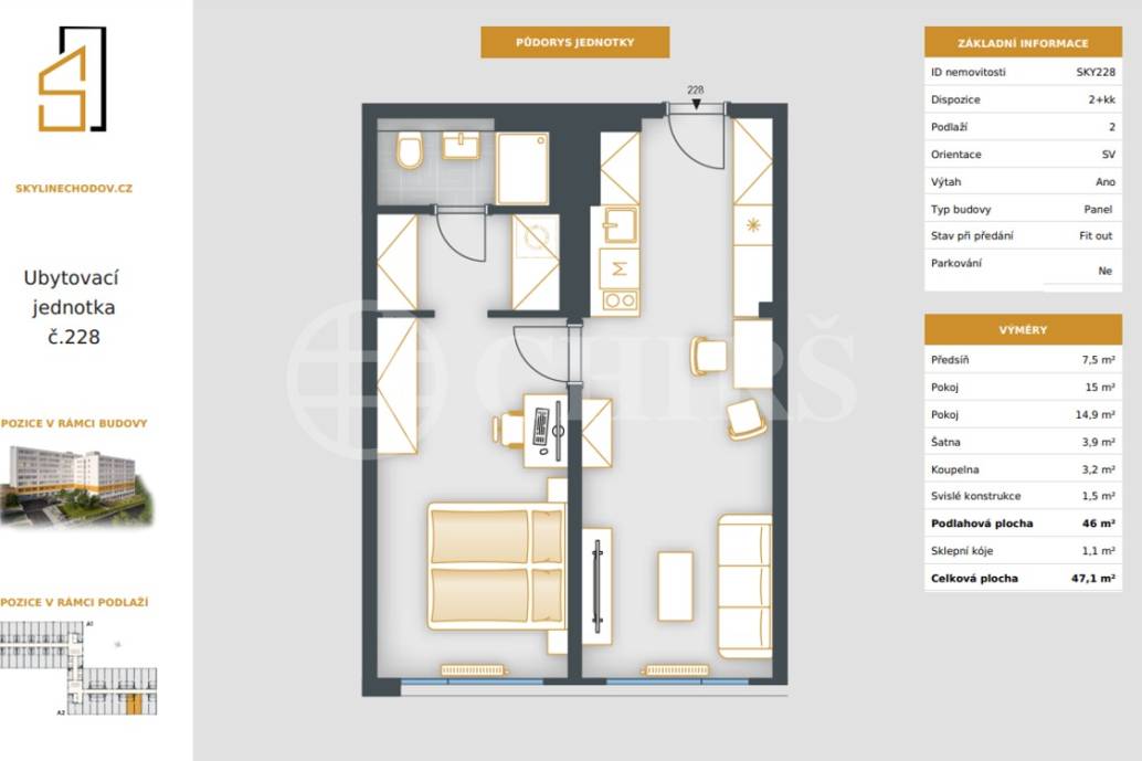 Prodej ubytovací jednotky 2+kk, OV, 46 m², ul. Čenětická 2413/1a, Praha 4 - Chodov