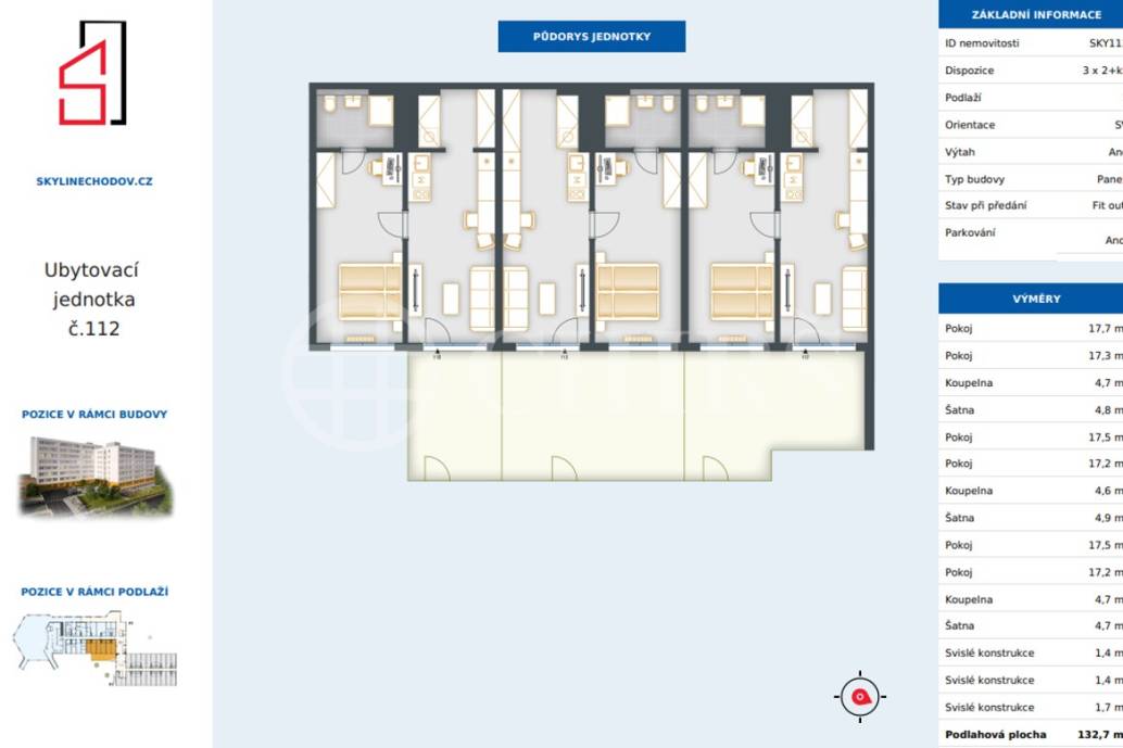 Prodej ubytovací jednotky 3x 2+kk, OV, předzahrádky, 132,7 m2, ul. Čenětická 2413/1a, Praha 4 - Chodov