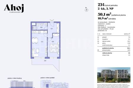 Prodej bytové jednotky 2+kk,  50,1 m², předzahrádka 10,9 m², OV, ul. Československého exilu 1888/4, Praha 12 - Modřany